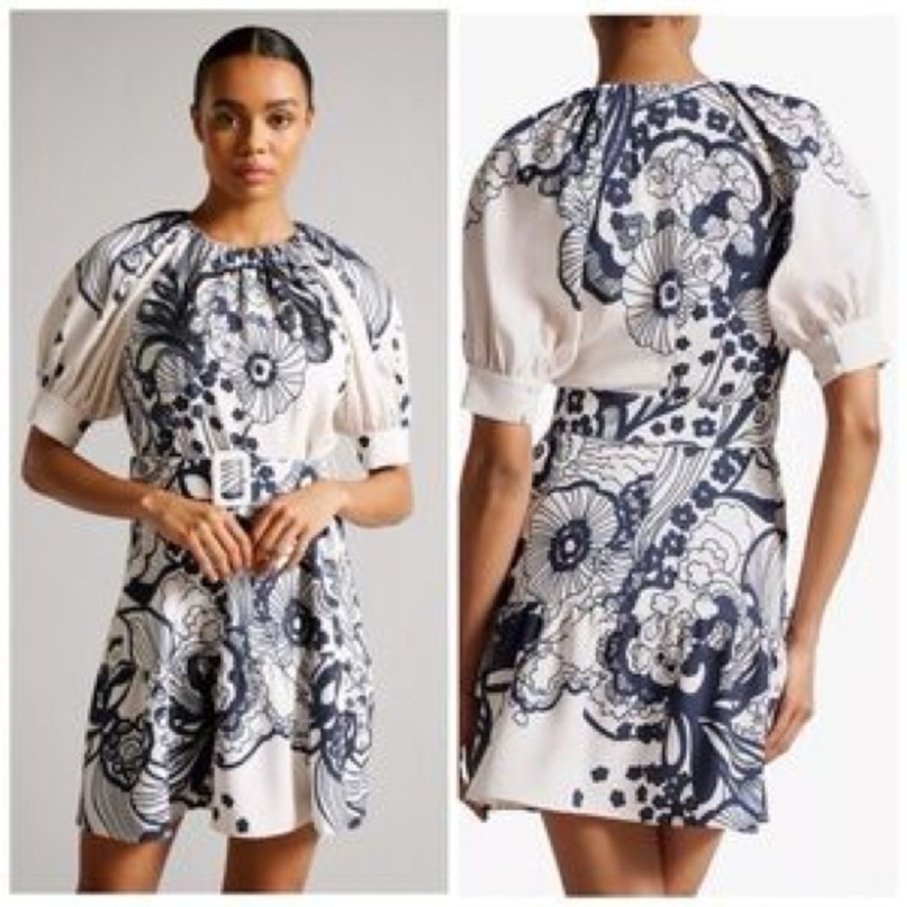 Ted Baker - Ivory & Blue Short Sleeved Floral Cocktail Dress - Soira